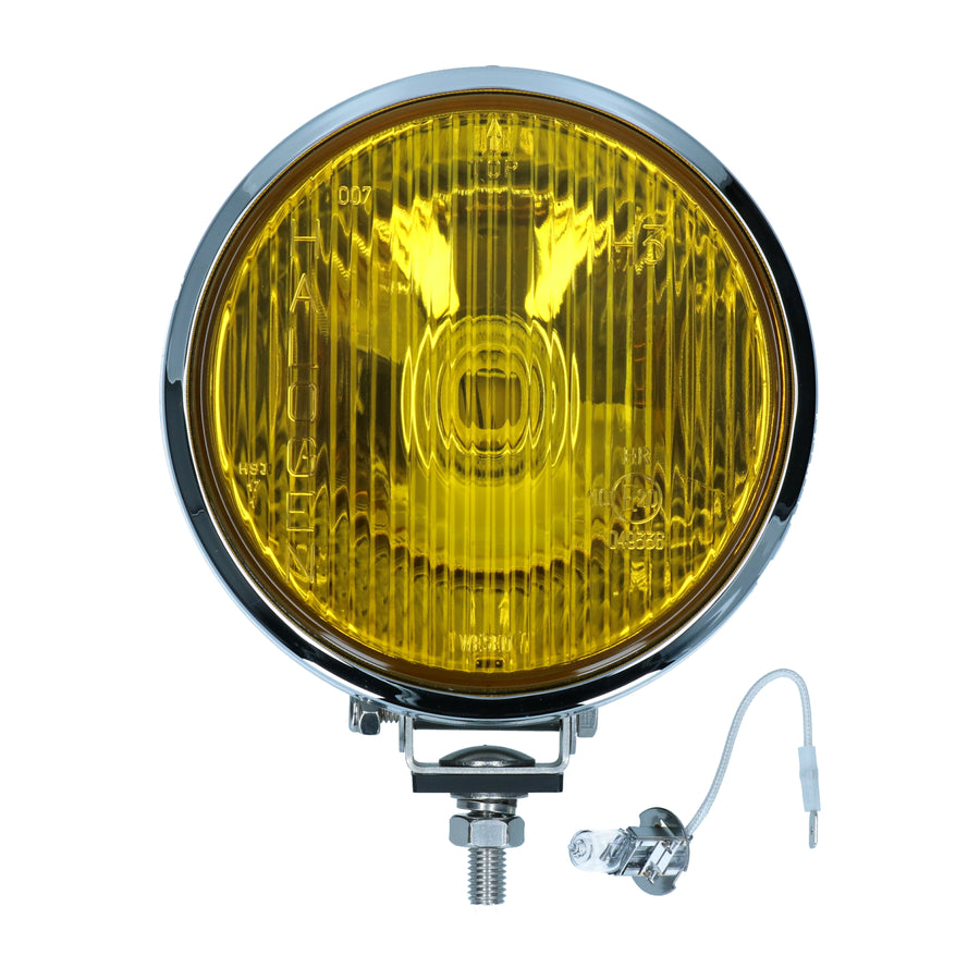 Foco frontal cromado, cristal amarillo.